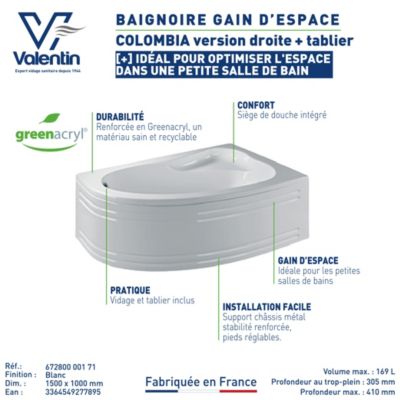 Baignoire asymétrique d'angle droit Colombia 150 x 100 cm Valentin + tablier
