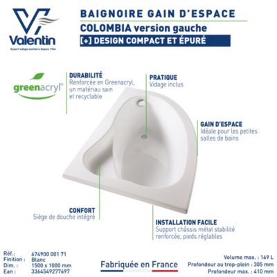 Baignoire asymétrique d'angle gauche Colombia 150 x 100 cm sans tablier Valentin