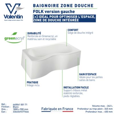 Baignoire asymétrique d'angle gauche Folk 180 x 90 cm sans tablier Valentin