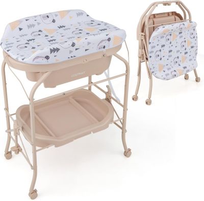 Baignoire bébé pliable Table à Langer avec rangement à roulettes Beige