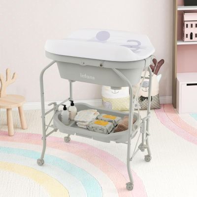 Table à Langer Pliable 2-en-1 Avec Baignoire - Jusqu'à 25kg - 4 Roulettes - Rose