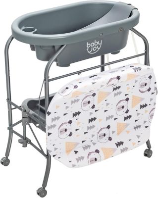 Baignoire bébé pliable Table à Langer avec rangement à roulettes Gris