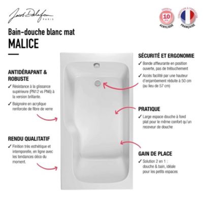 Baignoire bain douche JACOB DELAFON Malice, antidérapant, version Gauche 160x85cm, Blanc mat