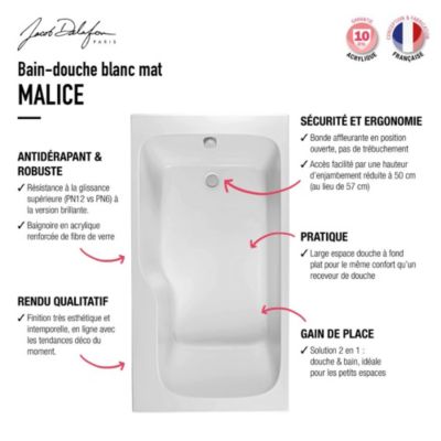 Baignoire bain douche JACOB DELAFON Malice antidérapante + tablier niche + pare bain 170 x 90 gauche