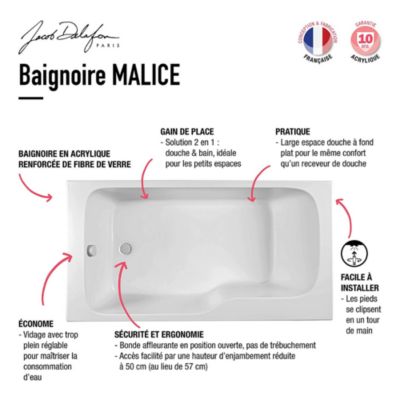 Baignoire bain douche JACOB DELAFON Malice version droite Blanc brillant 160 x 85