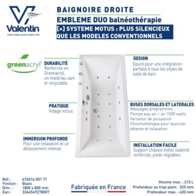 Baignoire balnéo Embleme duo 180 x 80 cm sans tablier Valentin