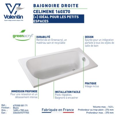 Baignoire Celimene 160 x 70 cm sans tablier Valentin