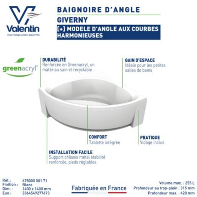 Baignoire d'angle 140 x 140 cm Giverny sans tablier Valentin