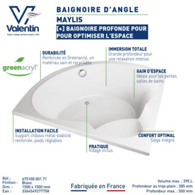 Baignoire d'angle 150 x 150 cm Maylis sans tablier Valentin