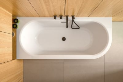 Baignoire d'angle Blanc + Siphon Graphite et Vidage inclus + Repose tête  -  AVITA S CLASSE - DROITE - 150 x 75 cm