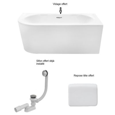 Baignoire d'angle Blanc + Siphon Graphite et Vidage inclus + Repose tête  -  AVITA S CLASSE - DROITE - 150 x 75 cm