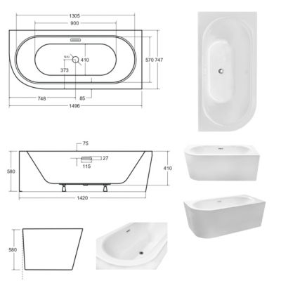 Baignoire d'angle Blanc + Siphon Graphite et Vidage inclus + Repose tête  -  AVITA S CLASSE - DROITE - 150 x 75 cm