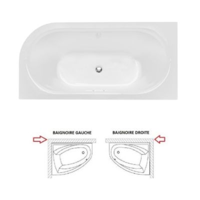 Baignoire d'angle Blanc + Siphon Graphite et Vidage inclus + Repose tête  -  AVITA S CLASSE - DROITE - 150 x 75 cm