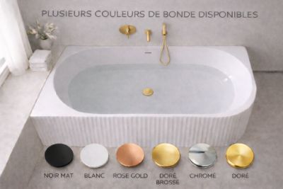 Baignoire d'angle gauche - 160 x 75 cm - Blanc brillant rainure avec bonde doré brossé - PERLE
