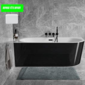 Baignoire d'angle Noir et Blanc + Siphon Blanc et Vidage inclus + Repose tête  -  AVITA S CLASSE - GAUCHE - 150 x 75 cm