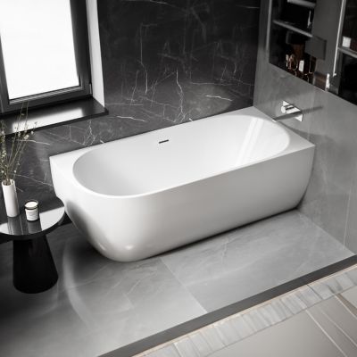 Baignoire d'angle semi-îlot Acrylique Ovale Bonde + trop plein, Blanc, 170x75x60cm, Garantie 5 ans, LENA CORNER