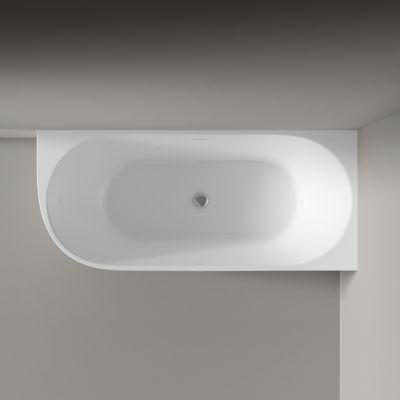 Baignoire d'angle semi-îlot Acrylique Ovale Bonde + trop plein, Blanc, 170x75x60cm, Garantie 5 ans, LENA CORNER