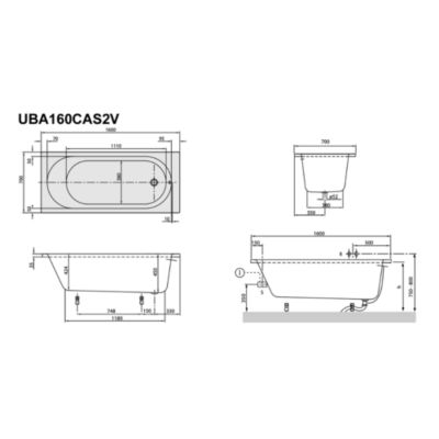 Baignoire droite 160 X 70 VILLEROY ET BOCH O Novo Solo acrylique avec pieds