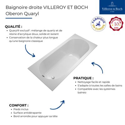 Baignoire droite VILLEROY ET BOCH Oberon quaryl 160 x 75 cm  + Pare bain droite AURYS Raywall Noir mat