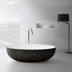 Baignoire îlot design fonte minérale LEO, 170 x 105 x 55 cm, Avec siphon, Noir/Blanc mat, Avec mitigeur 8028B