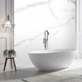 Baignoire îlot Design fonte minérale LEO, blanc mat, 180 x 85 x 52 cm, mitigeur 8028 et siphon