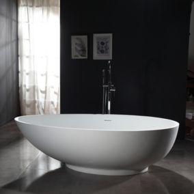 Baignoire îlot Design fonte minérale VIGO, blanc mat, mitigeur 8028 et siphon, 170 x 85 cm