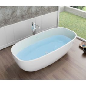 Baignoire îlot fonte minérale, OCEAN STONE, 180 x 87 cm, mitigeur 1521 + siphon, Blanc mat