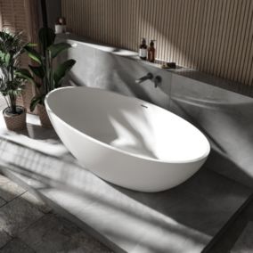 Baignoire îlot fonte minérale Ovale Moderne salle de bain Bonde + trop plein, 180x85x52cm, RIO STONE, Blanc Mat