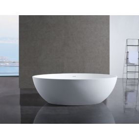 Baignoire îlot fonte minérale (Solid Stone) RELAX, 176x103cm, mitigeur 8028 et siphon, Blanc mat