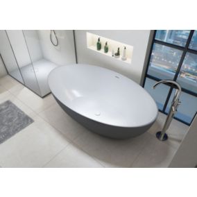 Baignoire îlot fonte minérale (Solid Stone) RELAX, 176x103cm, mitigeur 8028 et siphon, Gris/Blanc