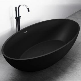 Baignoire îlot fonte minérale (Solid Stone) RELAX, 176x103cm, Noir mat, Avec siphon et mitigeur 8028B