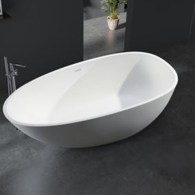 Baignoire îlot fonte minérale VELA STONE, blanc mat, 180 x 90cm, mitigeur 8028 et siphon