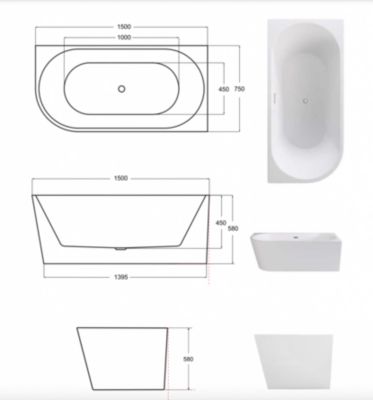 Baignoire îlot ZOYA GLAM SILVER angle droit - 150 x 75 cm