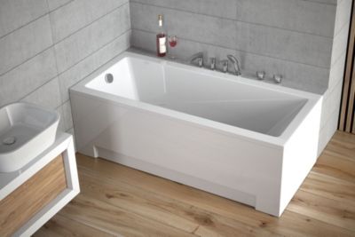 Baignoire rectangulaire 120 x 70 MODERN acrylique blanc + avec Tablier + Pieds + Vidage à chromé