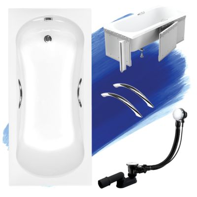Baignoire rectangulaire 130 x 70 ARIA PLUS acrylique blanc + Habillage en polystyrène + Poignées + Pieds + Vidage à chromé