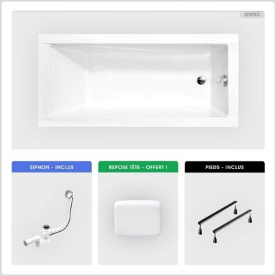 Baignoire rectangulaire - 130 x 70 cm - sans Habillage - avec Pieds - Repose-tête - Vidage Chrome - MODERN