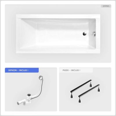 Baignoire rectangulaire - 150 x 70 cm - sans Habillage - avec Pieds - Vidage Chrome - MODERN