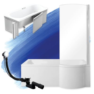 Baignoire rectangulaire 150 x 70 Droite INSPIRO acrylique blanc + Habillage en polystyrène + Pieds + Vidage à chromé