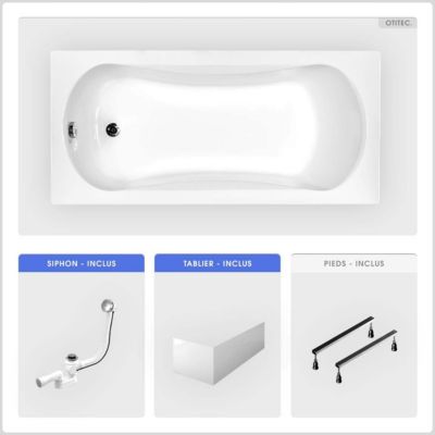 Baignoire rectangulaire - 160 x 70 cm - avec Tablier Blanc - Pieds - Vidage Chrome - ARIA