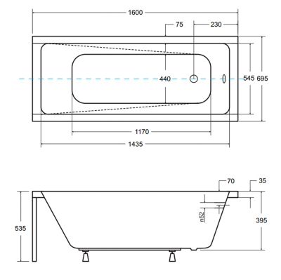 Baignoire rectangulaire 160 x 70 MODERN acrylique blanc + Support stabilisateur en polystyrène + Pieds + Vidage à chromé