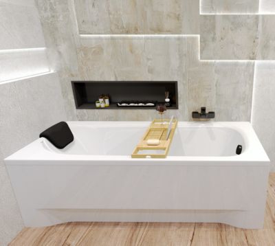 Baignoire rectangulaire 170 x 70 BONA acrylique blanc, sans Habillage + Repose Tête + Étagère bambou + Pieds + Vidage à chromé