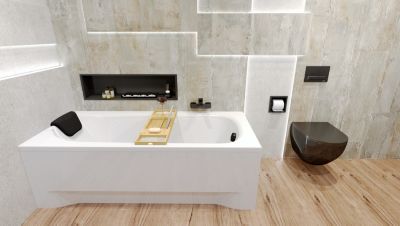 Baignoire rectangulaire 170 x 70 BONA acrylique blanc, sans Habillage + Repose Tête + Étagère bambou + Pieds + Vidage à chromé