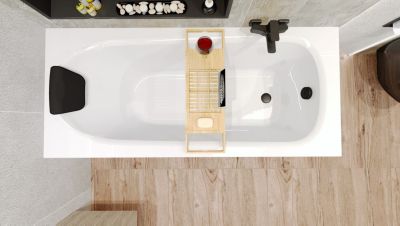 Baignoire rectangulaire 170 x 70 BONA acrylique blanc, sans Habillage + Repose Tête + Étagère bambou + Pieds + Vidage à chromé