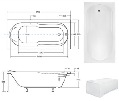 Baignoire rectangulaire 170 x 70 BONA acrylique blanc, sans Habillage + Repose Tête + Étagère bambou + Pieds + Vidage à chromé