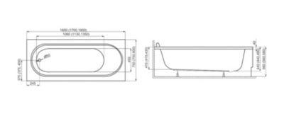 Baignoire rectangulaire 170 x 75 MEDIUM acrylique blanc + Support stabilisateur en polystyrène + Pieds + Vidage à chromé