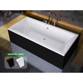 Baignoire rectangulaire - avec Tablier Noir Mat et Repose Tête OFFERT - QUADRO - 155 x 70 cm