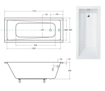 Baignoire rectangulaire blanche à encastrer + repose tête - MODERN SLIM - 140 x 70 cm