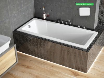 Baignoire rectangulaire blanche à encastrer + repose tête - MODERN SLIM - 180 cm x 80 cm