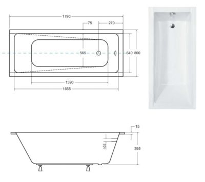 Baignoire rectangulaire blanche à encastrer + repose tête - MODERN SLIM - 180 cm x 80 cm
