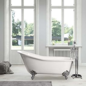 Baignoire sur pieds en fonte petite taille ASHFORD blanche 156 cm Pieds chromés